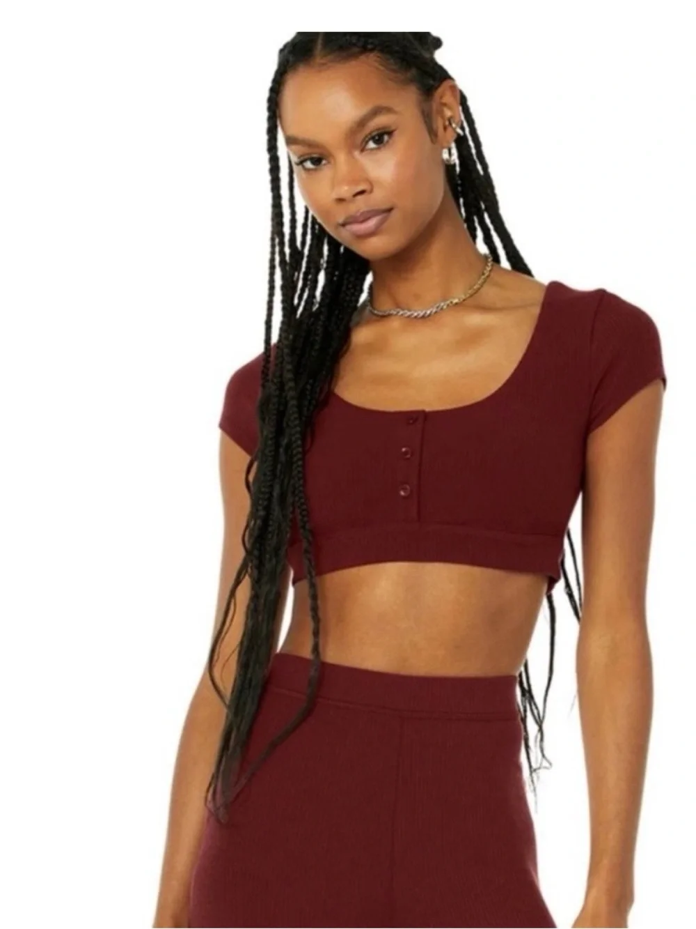 Alo Yoga Blissful Henley Top Womens Size XS Burgundy Built In Sports Bra